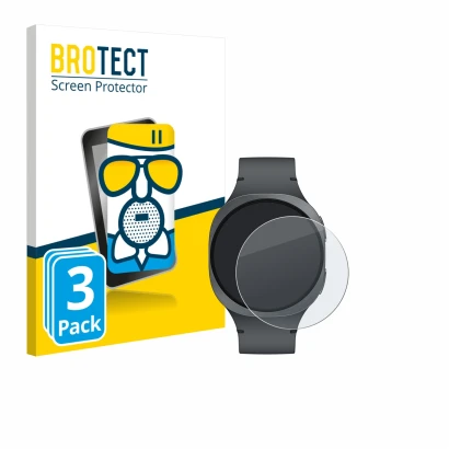 Front side of a product packaging with the brand logo BROTECT. Next to it is the device Samsung Galaxy Watch 8 (40 mm) shown w