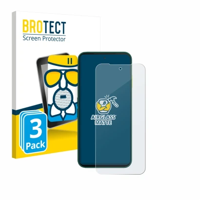 Front side of a product packaging with the brand logo BROTECT. Next to it is the device Fairphone 6 shown with the correspondi