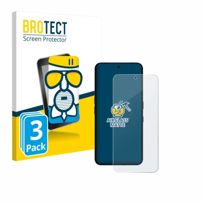 Front side of a product packaging with the brand logo BROTECT. Next to it is the device Nothing Phone (3) shown with the corre