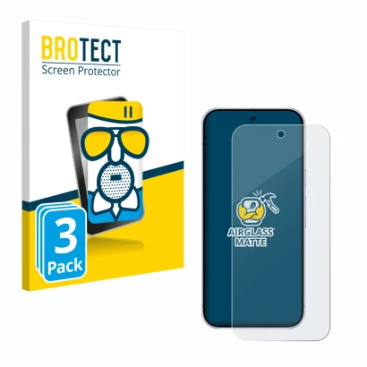 Front side of a product packaging with the brand logo BROTECT. Next to it is the device Google Pixel 10 Pro shown with the cor