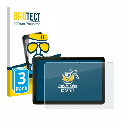 Front side of a product packaging with the brand logo BROTECT. Next to it is the device VALE Tablet V10A shown with the corres