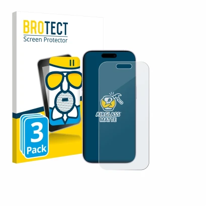 Front side of a product packaging with the brand logo BROTECT. Next to it is the device Apple iPhone 17 shown with the corresp