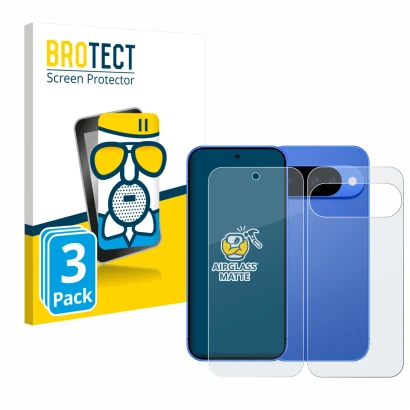 Front side of a product packaging with the brand logo BROTECT. Next to it is the device Google Pixel 10 (Front+Back) shown wit