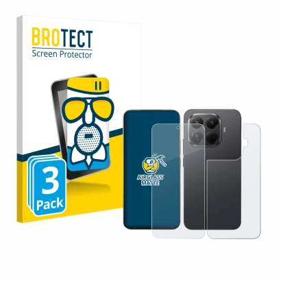 Front side of a product packaging with the brand logo BROTECT. Next to it is the device Xiaomi 15T Pro (Front+Back) shown with