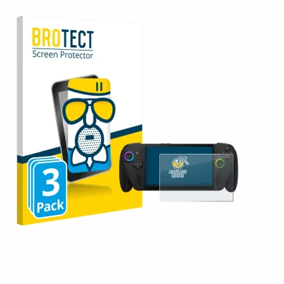 Front side of a product packaging with the brand logo BROTECT. Next to it is the device ASUS ROG Ally X 2025 shown with the co