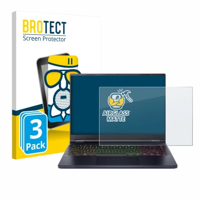 Front side of a product packaging with the brand logo BROTECT. Next to it is the device Acer Predator Helios Neo 14 AI shown w