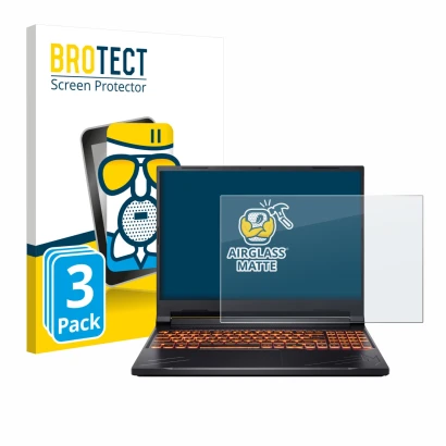 Front side of a product packaging with the brand logo BROTECT. Next to it is the device Acer Nitro V 16 shown with the corresp
