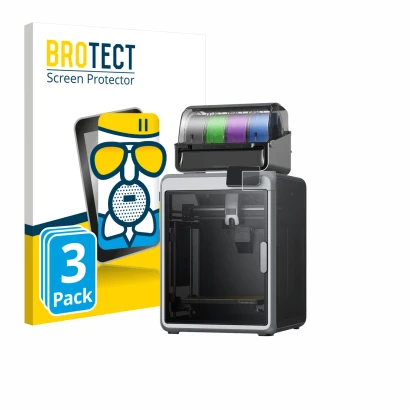 Front side of a product packaging with the brand logo BROTECT. Next to it is the device Creality K2 shown with the correspondi