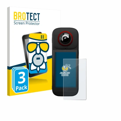Front side of a product packaging with the brand logo BROTECT. Next to it is the device Labpano PanoX V3 360° shown with the c
