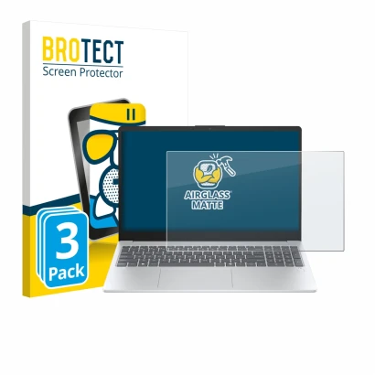 Front side of a product packaging with the brand logo BROTECT. Next to it is the device HP OmniBook 3 15" shown with the corre