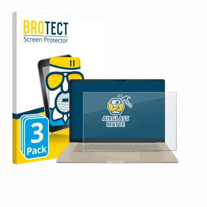 Front side of a product packaging with the brand logo BROTECT. Next to it is the device ASUS ZenBook A16 UX3607 shown with the