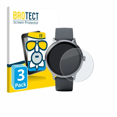 Front side of a product packaging with the brand logo BROTECT. Next to it is the device Pebble Round 2 shown with the correspo