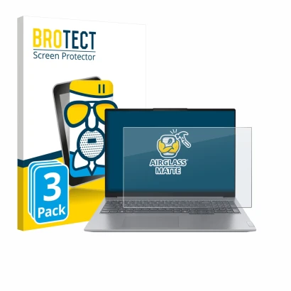 Front side of a product packaging with the brand logo BROTECT. Next to it is the device Lenovo ThinkBook 16 Gen 7+ shown with 