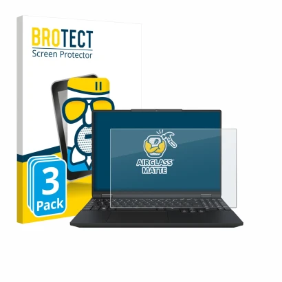 Front side of a product packaging with the brand logo BROTECT. Next to it is the device Tuxedo InfinityBook Max 15 Gen 10 show