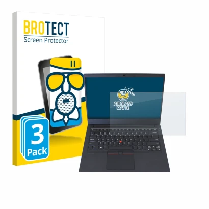 Front side of a product packaging with the brand logo BROTECT. Next to it is the device Lenovo ThinkPad E14 Gen 1 shown with t