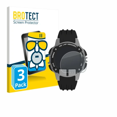 Front side of a product packaging with the brand logo BROTECT. Next to it is the device Timex Ironman TW5M63200 shown with the
