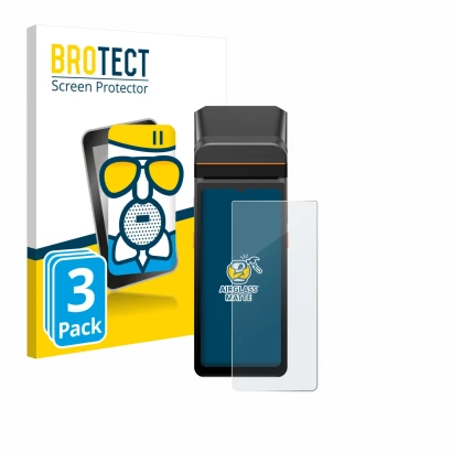 Front side of a product packaging with the brand logo BROTECT. Next to it is the device Sunmi V3 A13 shown with the correspond