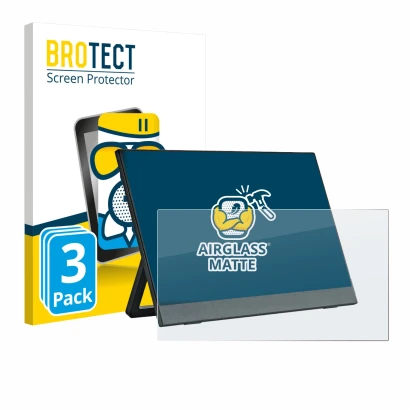 Front side of a product packaging with the brand logo BROTECT. Next to it is the device Anmite A140W03 14" shown with the corr