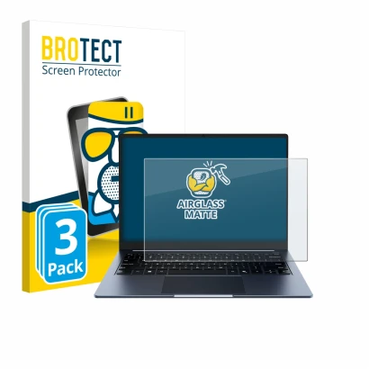 Front side of a product packaging with the brand logo BROTECT. Next to it is the device Chuwi CoreBook Air 14" shown with the