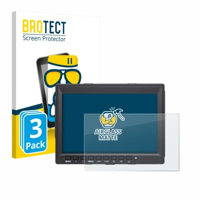 Front side of a product packaging with the brand logo BROTECT. Next to it is the device Feelworld FW759 7" shown with the corr