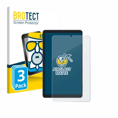 Front side of a product packaging with the brand logo BROTECT. Next to it is the device Chuwi AuPad Mini shown with the corres