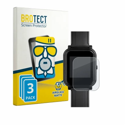 Front side of a product packaging with the brand logo BROTECT. Next to it is the device Bangle.js 2 shown with the correspondi