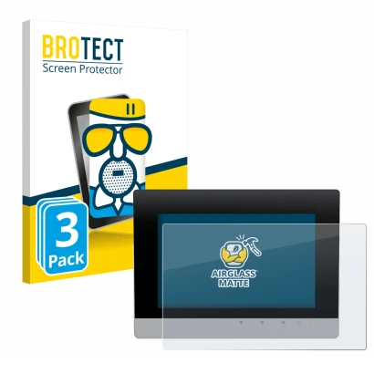 Front side of a product packaging with the brand logo BROTECT. Next to it is the device WAGO Touch Panel 600 Web Panel shown w