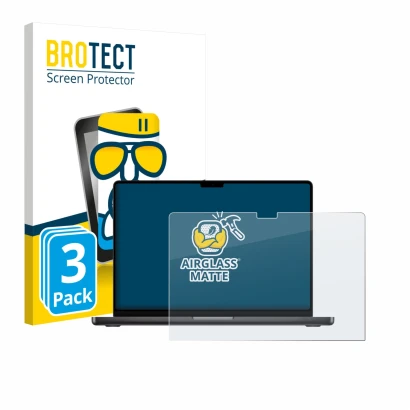 Front side of a product packaging with the brand logo BROTECT. Next to it is the device Apple MacBook Pro 16" M5 2026 shown wi