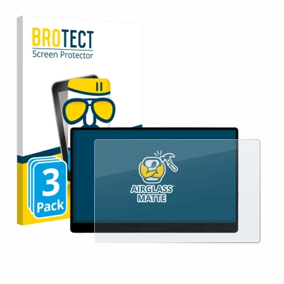 Front side of a product packaging with the brand logo BROTECT. Next to it is the device Sotsu FlipAction Go 14" shown with the