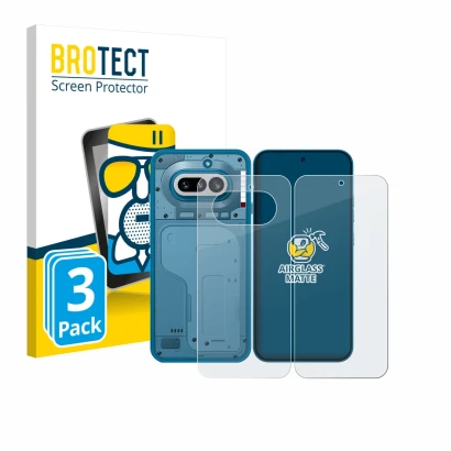 Front side of a product packaging with the brand logo BROTECT. Next to it is the device Nothing Phone (4a) (Front+Back) shown 