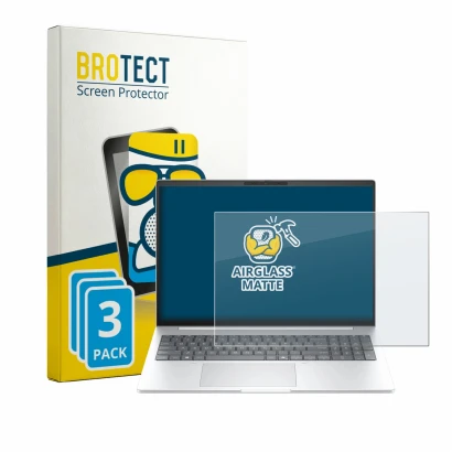 Front side of a product packaging with the brand logo BROTECT. Next to it is the device HP EliteBook 8 G2a 16" shown with the 
