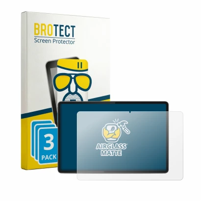 Front side of a product packaging with the brand logo BROTECT. Next to it is the device Lenovo Yoga Tab 11.1" 2026 shown with