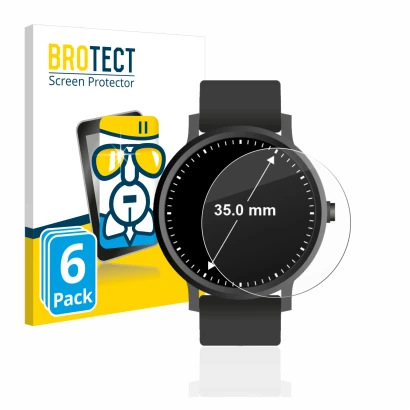 Front side of a product packaging with the brand logo BROTECT. Next to it is the device Watches (Circular, ø: 35 mm) shown wit