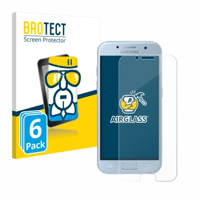 Front side of a product packaging with the brand logo BROTECT. Next to it is the device Samsung Galaxy A5 2017 shown with the 