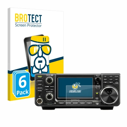 Front side of a product packaging with the brand logo BROTECT. Next to it is the device Icom IC-7300 shown with the correspond
