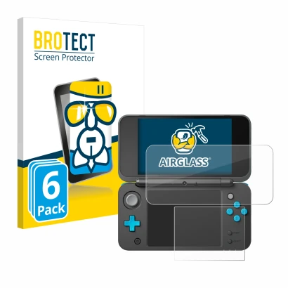 Front side of a product packaging with the brand logo BROTECT. Next to it is the device New Nintendo 2DS XL shown with the cor