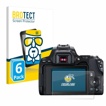 Front side of a product packaging with the brand logo BROTECT. Next to it is the device Canon EOS 250D shown with the correspo