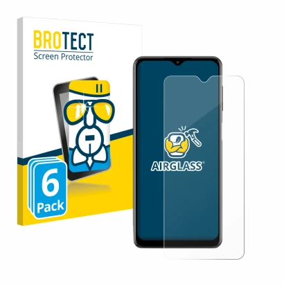 Front side of a product packaging with the brand logo BROTECT. Next to it is the device Samsung Galaxy M12 shown with the corr
