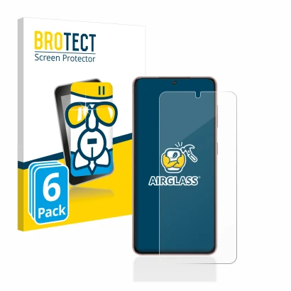 Front side of a product packaging with the brand logo BROTECT. Next to it is the device Samsung Galaxy S21 5G shown with the c