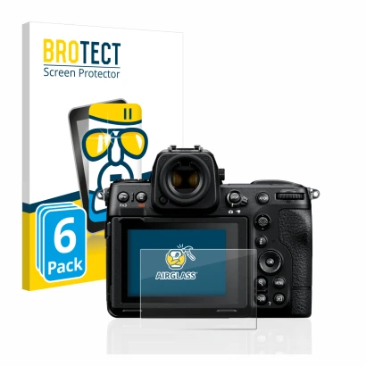 Front side of a product packaging with the brand logo BROTECT. Next to it is the device Nikon Z 8 shown with the corresponding