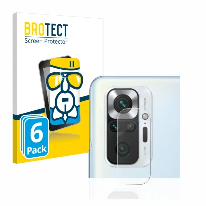 Front side of a product packaging with the brand logo BROTECT. Next to it is the device Xiaomi Redmi Note 10 Pro (ONLY Camera 