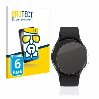 Front side of a product packaging with the brand logo BROTECT. Next to it is the device Samsung Galaxy Watch 4 (40mm) shown wi