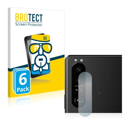 Front side of a product packaging with the brand logo BROTECT. Next to it is the device Sony Xperia 5 III (ONLY Camera Lens) s