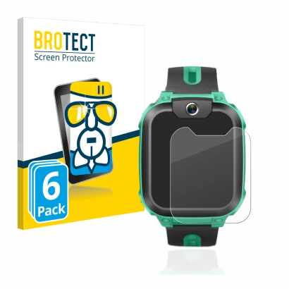 Front side of a product packaging with the brand logo BROTECT. Next to it is the device Imoo Watch Phone Z1 shown with the cor