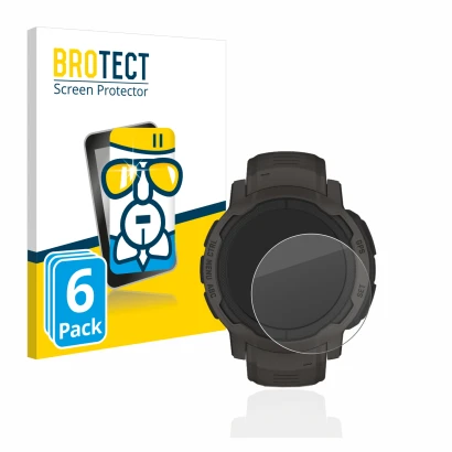 Front side of a product packaging with the brand logo BROTECT. Next to it is the device Garmin Instinct 2 shown with the corre