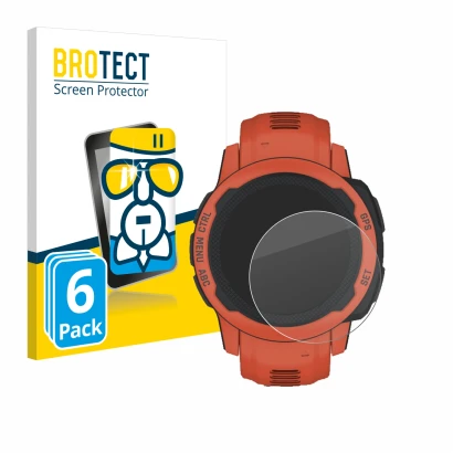 Front side of a product packaging with the brand logo BROTECT. Next to it is the device Garmin Instinct 2S shown with the corr