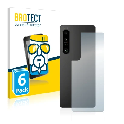 Front side of a product packaging with the brand logo BROTECT. Next to it is the device Sony Xperia 1 IV (Back) shown with the