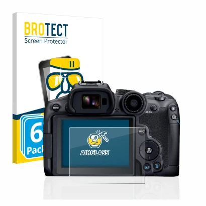 Front side of a product packaging with the brand logo BROTECT. Next to it is the device Canon EOS R7 shown with the correspond