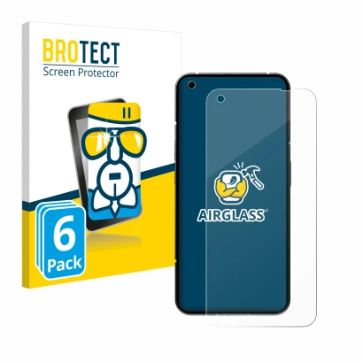 Front side of a product packaging with the brand logo BROTECT. Next to it is the device Nothing Phone (1) shown with the corre