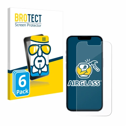 Front side of a product packaging with the brand logo BROTECT. Next to it is the device Apple iPhone 14 shown with the corresp